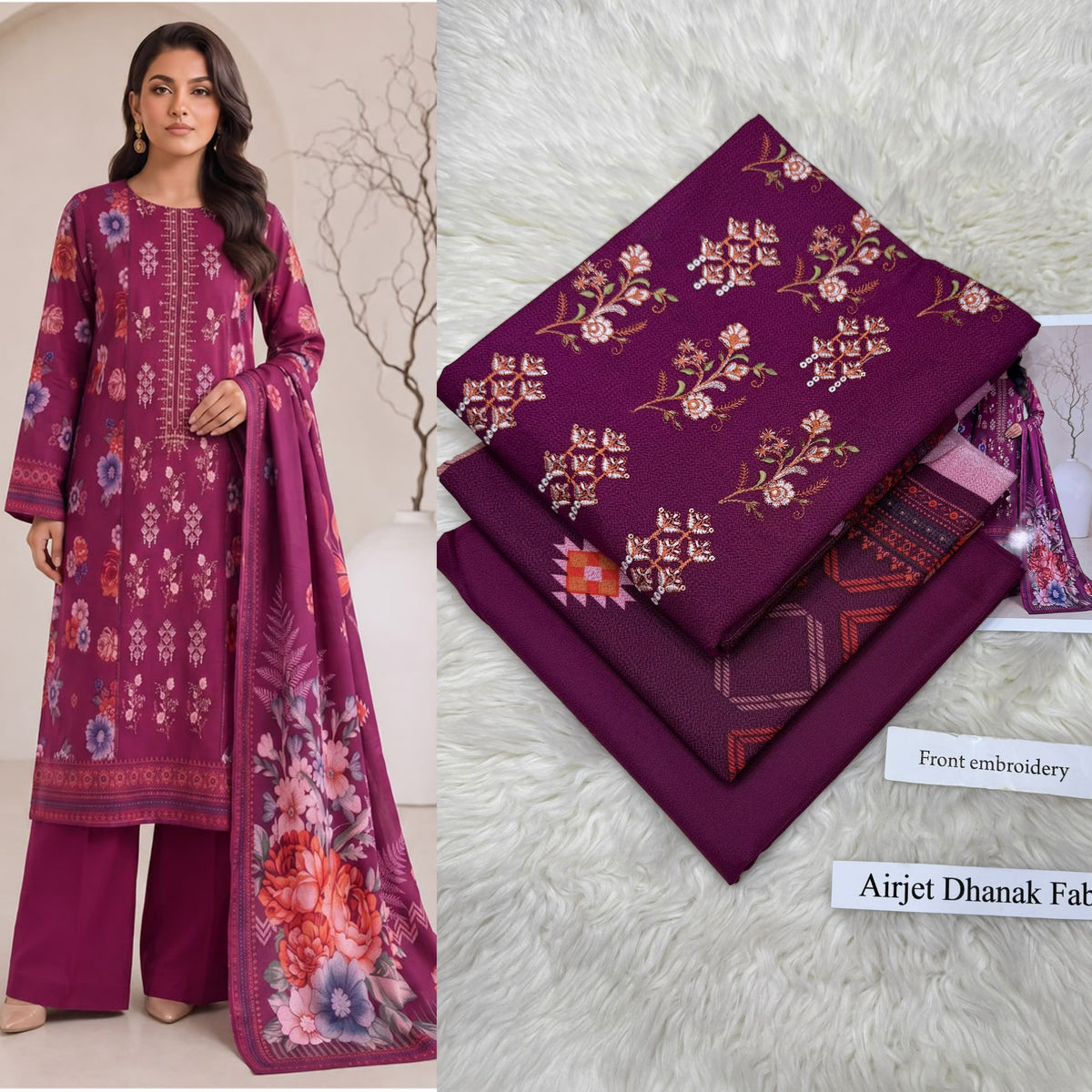 Airjet Dhanak 3pc Front Embroidery Suit | Winter Collection 2026 | Ladies 3 Piece