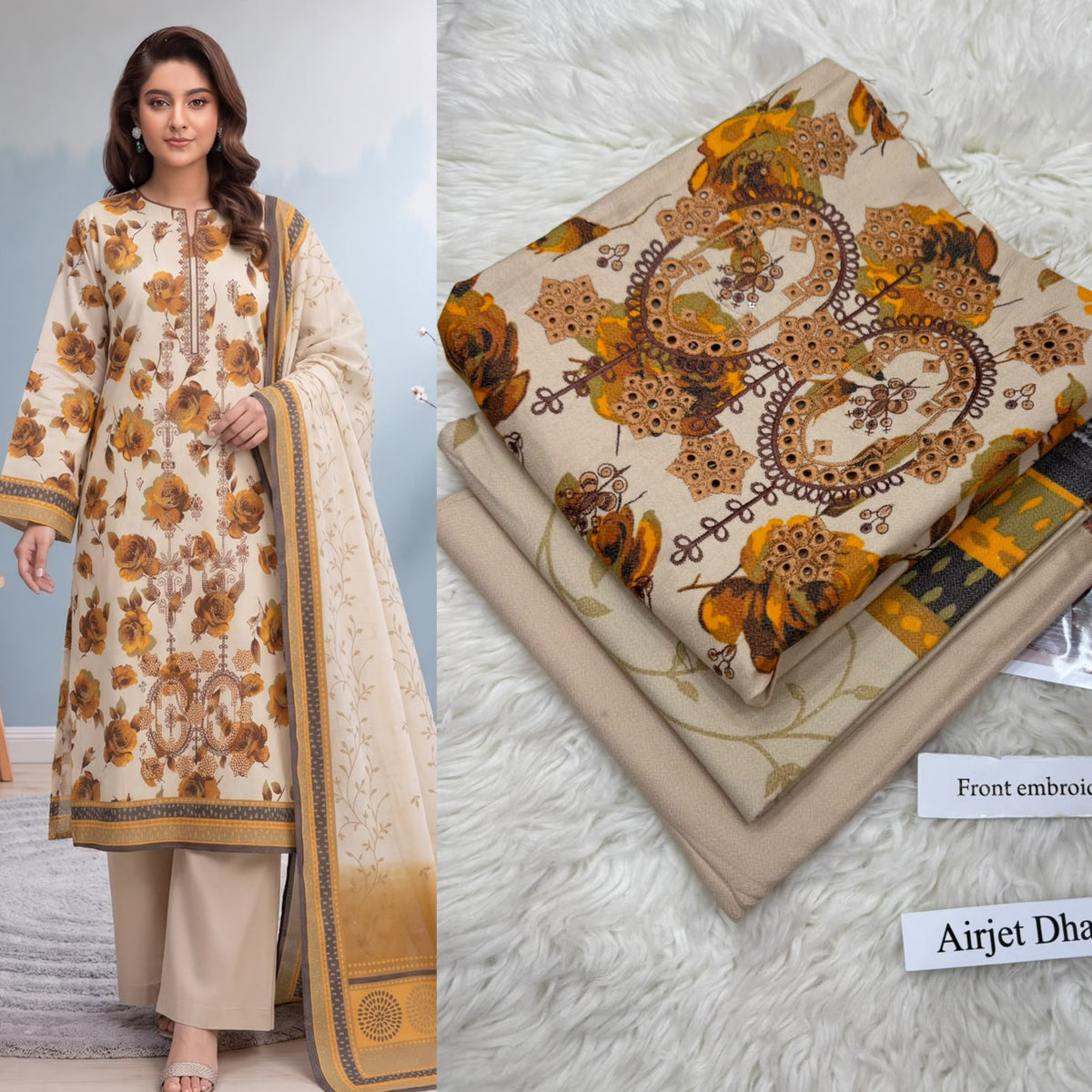 Airjet Dhanak 3pc Front Embroidery Suit | Winter Collection 2026 | Ladies 3 Piece