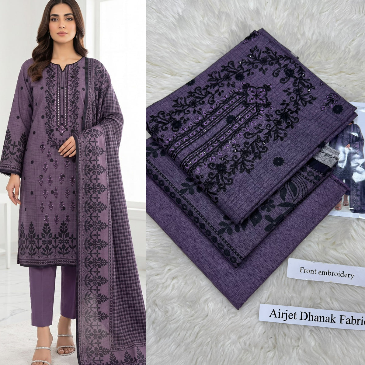 Airjet Dhanak 3pc Front Embroidery Suit | Winter Collection 2026 | Ladies 3 Piece