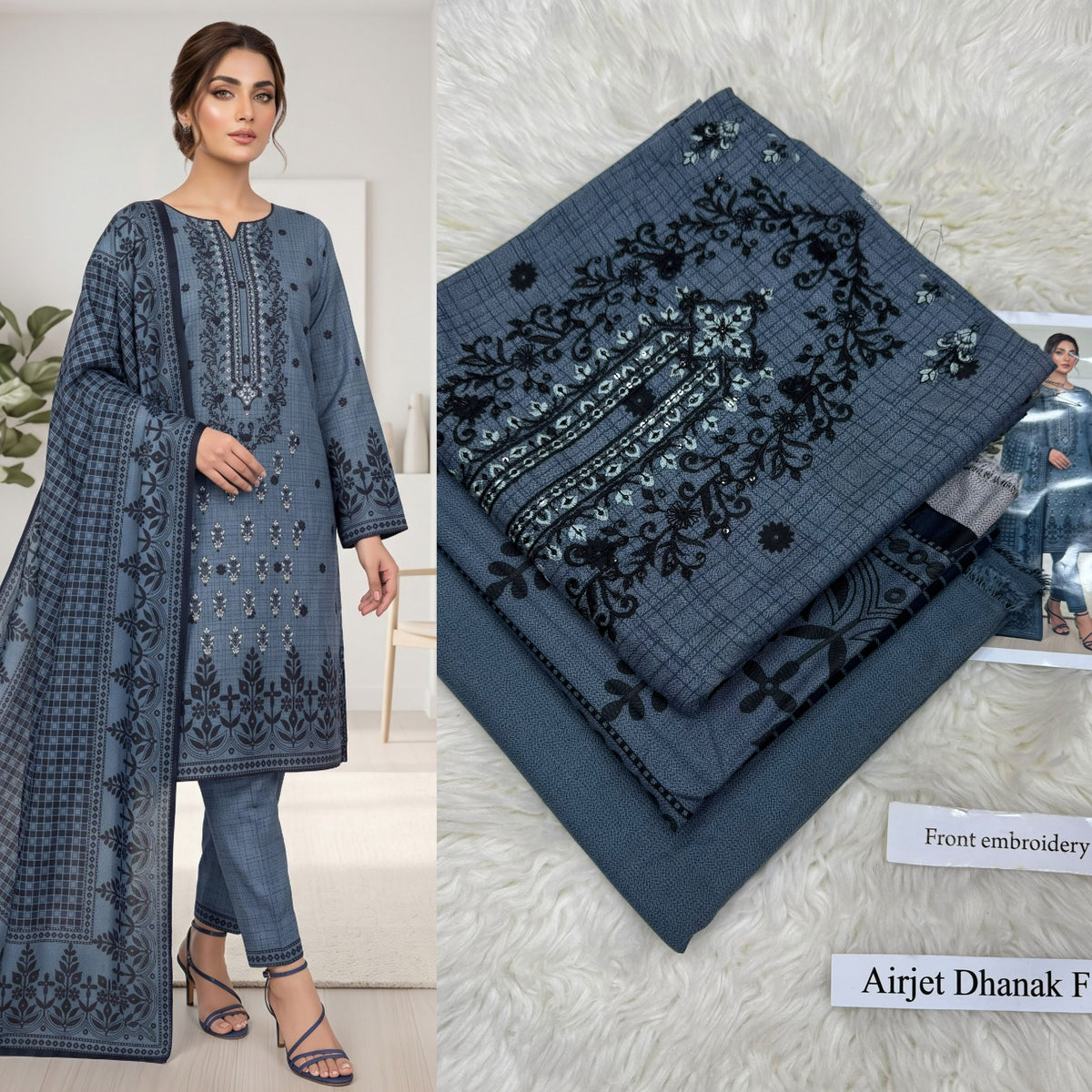 Airjet Dhanak 3pc Front Embroidery Suit | Winter Collection 2026 | Ladies 3 Piece