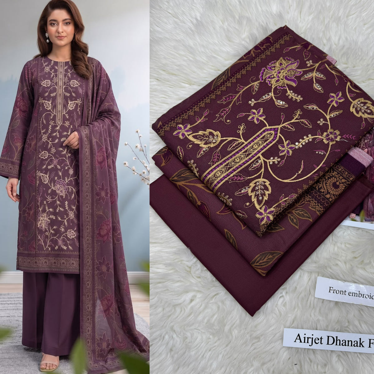 Airjet Dhanak 3pc Front Embroidery Suit | Winter Collection 2026 | Ladies 3 Piece