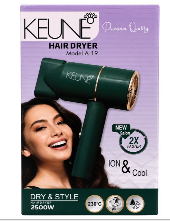 KEUNE A-19 Hair Dryer | 2500W Professional Salon Hair Dryer | 2X Faster Drying | Hot & Cold Air | Ionic Hair Care